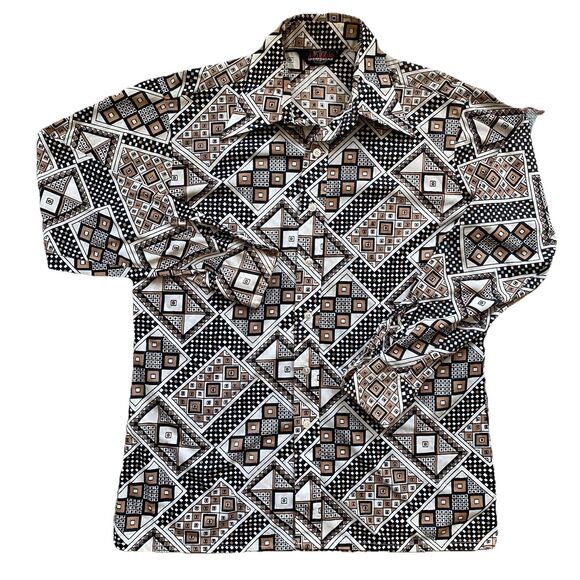Vintage Jaymar Disco Shirt Large Black Tan Abstract Pattern Acetate Slinky 70s - Picture 2 of 8